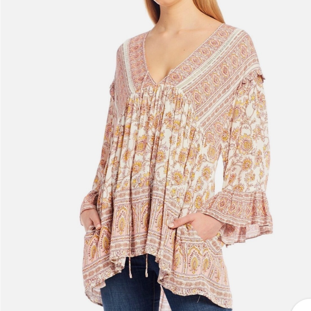 Free People Moonlight Dance Boho Floral Peasant Tunic Top M Bohemian Gypsy